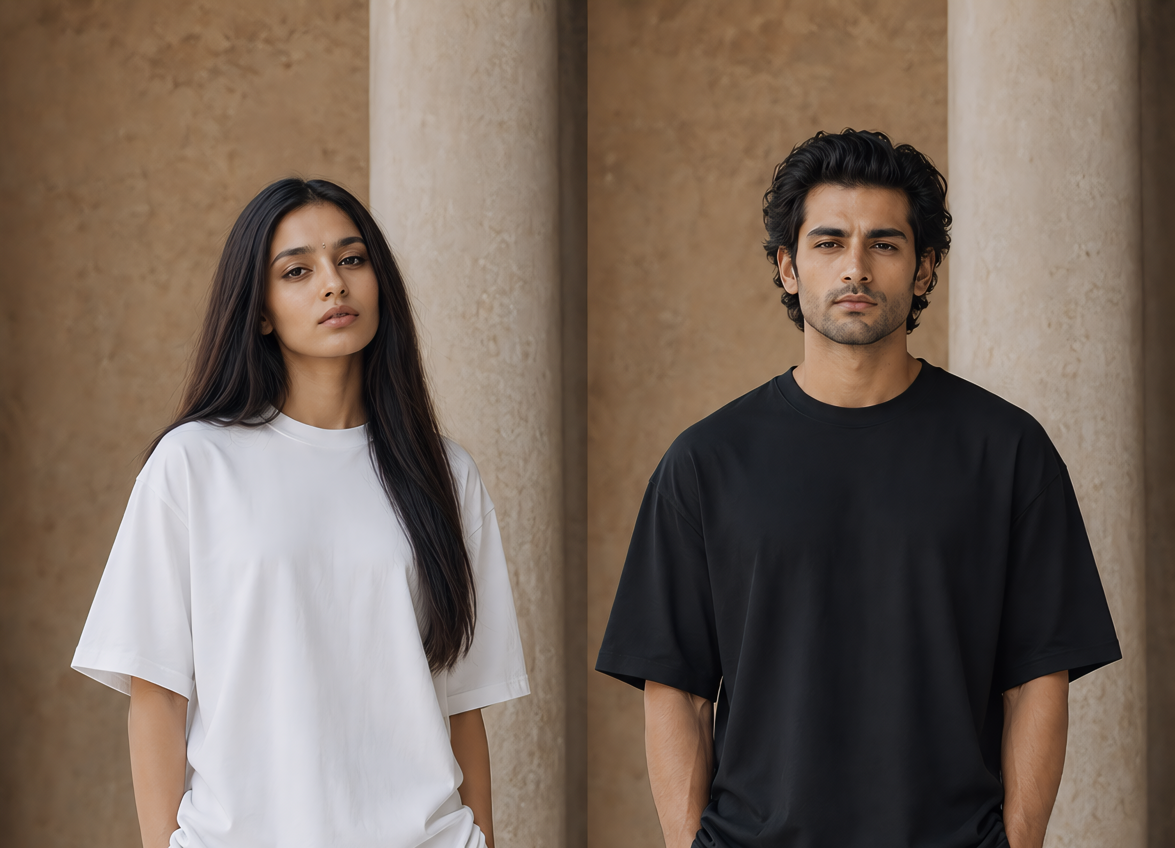 Two people standing side by side against a beige wall with columns.